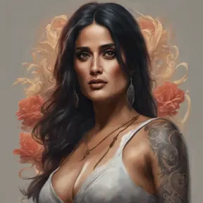 Matte portrait of Salma Hayek with tattoos, 8k, Highly Detailed, Powerful, Alluring, Artstation, Magical, Digital Painting, Photo Realistic, Sharp Focus, Volumetric Lighting, Concept Art by Stanley Artgerm Lau, Alphonse Mucha, Greg Rutkowski