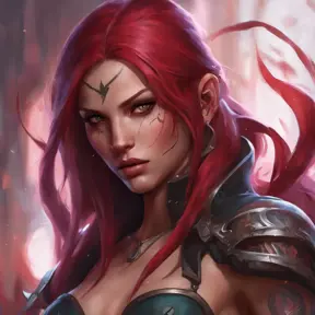 Matte portrait of Katarina from League of Legends with tattoos, 8k, Highly Detailed, Powerful, Alluring, Artstation, Magical, Digital Painting, Photo Realistic, Sharp Focus, Volumetric Lighting, Concept Art by Stanley Artgerm Lau, Alphonse Mucha, Greg Rutkowski