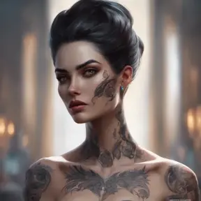 Matte portrait of Morgana with tattoos, 8k, Highly Detailed, Alluring, Artstation, Bokeh effect, Sharp Focus, Volumetric Lighting, Concept Art by Stanley Artgerm Lau, Greg Rutkowski