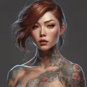 Matte portrait of Kasumi with tattoos, 8k, Highly Detailed, Powerful, Alluring, Artstation, Magical, Digital Painting, Photo Realistic, Sharp Focus, Volumetric Lighting, Concept Art by Stanley Artgerm Lau, Alphonse Mucha, Greg Rutkowski