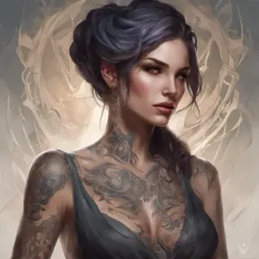 Matte portrait of Morgana with tattoos, 8k, Highly Detailed, Powerful, Alluring, Artstation, Magical, Digital Painting, Photo Realistic, Sharp Focus, Volumetric Lighting, Concept Art by Stanley Artgerm Lau, Alphonse Mucha, Greg Rutkowski