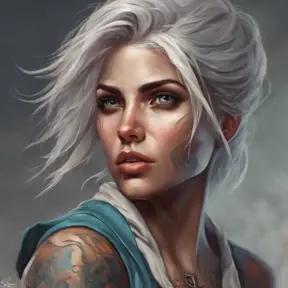 Colorful portrait of a tattooed Ciri with a grey scale face, 4k, Highly Detailed, Hyper Detailed, Powerful, Artstation, Vintage Illustration, Digital Painting, Sharp Focus, Smooth, Concept Art by Stanley Artgerm Lau, Greg Rutkowski