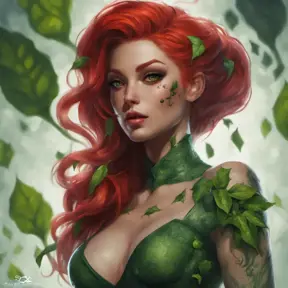 Matte portrait of Poison Ivy with tattoos, 8k, Highly Detailed, Alluring, Artstation, Bokeh effect, Sharp Focus, Volumetric Lighting, Concept Art by Stanley Artgerm Lau, Greg Rutkowski