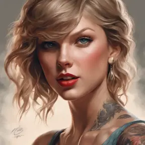 Matte portrait of Taylor Swift with tattoos, 8k, Highly Detailed, Powerful, Alluring, Artstation, Magical, Digital Painting, Photo Realistic, Sharp Focus, Volumetric Lighting, Concept Art by Stanley Artgerm Lau, Alphonse Mucha, Greg Rutkowski