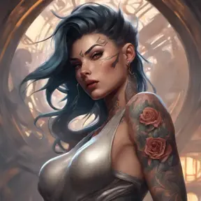 Matte portrait of Vayne with tattoos, 8k, Highly Detailed, Alluring, Artstation, Magical, Digital Painting, Volumetric Lighting, Concept Art by Stanley Artgerm Lau, Alphonse Mucha, Greg Rutkowski