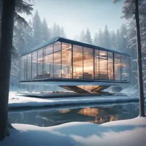 Beautiful futuristic architectural bright glass house in the forest on a giant frozen lake, 8k, Award-Winning, Highly Detailed, Beautiful, Epic, Octane Render, Unreal Engine, Radiant, Volumetric Lighting by Greg Rutkowski