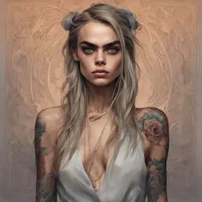 Matte portrait of Cara Delevingne with tattoos, 8k, Highly Detailed, Powerful, Alluring, Artstation, Magical, Digital Painting, Photo Realistic, Sharp Focus, Volumetric Lighting, Concept Art by Stanley Artgerm Lau, Alphonse Mucha, Greg Rutkowski