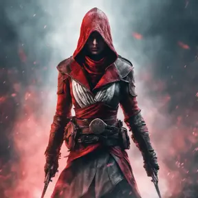 Red hooded Assassin's Creed female assassin emerging from the fog of battle, 8k, Bokeh effect, Volumetric Lighting, Vibrant Colors, Fantasy, Dark by Stefan Kostic