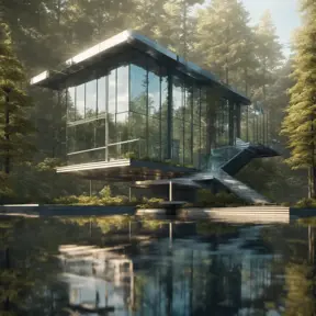 Beautiful futuristic architectural glass house in the forest on a large lake, 8k, Award-Winning, Highly Detailed, Beautiful, Epic, Octane Render, Unreal Engine, Radiant, Volumetric Lighting by Louis Comfort Tiffany