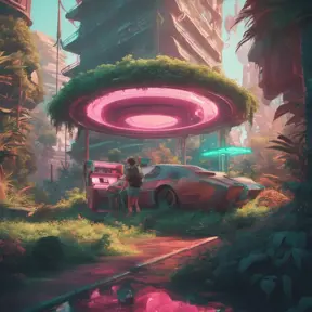 80s futuristic outdoor retro arcade, desolate, lush vegetation, Highly Detailed, Intricate, Artstation, Sharp Focus, Smooth, Octane Render, Centered, Dynamic, Elegant by Beeple, Justin Gerard, James Gilleard, Simon Stalenhag