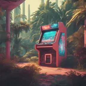 80s futuristic outdoor retro arcade, desolate, lush vegetation, Highly Detailed, Intricate, Artstation, Sharp Focus, Smooth, Octane Render, Centered, Dynamic, Elegant by Beeple, Justin Gerard, James Gilleard, Simon Stalenhag