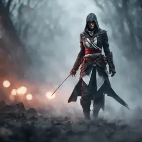 Assassin's Creed female assassin emerging from the fog of battle, 8k, Bokeh effect, Volumetric Lighting, Vibrant Colors, Fantasy, Dark by WLOP, Stefan Kostic