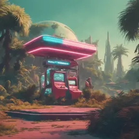 80s futuristic outdoor retro arcade, desolate, lush vegetation, Highly Detailed, Intricate, Artstation, Sharp Focus, Smooth, Octane Render, Centered, Dynamic, Elegant by Beeple, Justin Gerard, James Gilleard, Simon Stalenhag