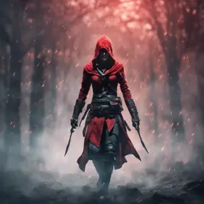 Red hooded Assassin's Creed female assassin emerging from the fog of battle, 8k, Bokeh effect, Volumetric Lighting, Vibrant Colors, Fantasy, Dark by Stefan Kostic