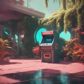 80s futuristic outdoor retro arcade, desolate, lush vegetation, Highly Detailed, Intricate, Artstation, Sharp Focus, Smooth, Octane Render, Centered, Dynamic, Elegant by Beeple, Justin Gerard, James Gilleard, Simon Stalenhag