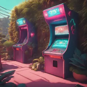 80s futuristic outdoor retro arcade, desolate, lush vegetation, Highly Detailed, Intricate, Artstation, Sharp Focus, Smooth, Octane Render, Centered, Dynamic, Elegant by Beeple, Justin Gerard, James Gilleard, Simon Stalenhag