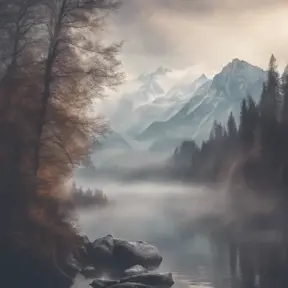 Snowy peaks Alps in fog near a lake surrounded by trees , Bokeh effect, Volumetric Lighting