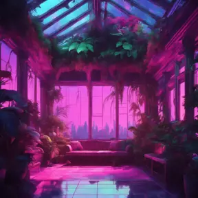 A beautiful render of city sunroom by georgia o'keeffe, galactic alien synthwave rainforest noir thermal imaging myst uv light, flowers, Highly Detailed, Cinematic Lighting, Neon, Concept Art
