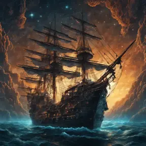 Pirate Ship, Intricate, Ultra Detailed, Symmetry, Beautiful, Sharp Focus, Astrophotography, Centered, Volumetric Lighting by Dan Mumford, Marc Simonetti