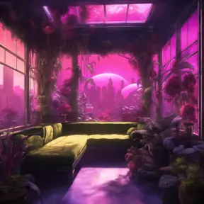 A beautiful render of city sunroom by georgia o'keeffe, galactic alien synthwave rainforest noir thermal imaging myst uv light, flowers, Highly Detailed, Cinematic Lighting, Neon, Concept Art