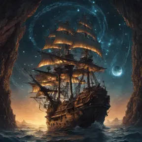 Pirate Ship, Intricate, Ultra Detailed, Symmetry, Beautiful, Sharp Focus, Astrophotography, Centered, Volumetric Lighting by Dan Mumford, Marc Simonetti