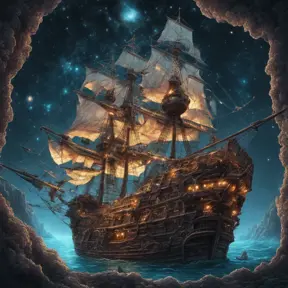 Pirate Ship, Intricate, Ultra Detailed, Symmetry, Beautiful, Sharp Focus, Astrophotography, Centered, Volumetric Lighting by Dan Mumford, Marc Simonetti