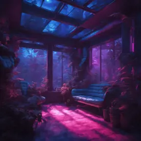A beautiful render of a blue city sunroom, galactic alien synthwave rainforest noir thermal imaging myst uv light, flowers, Highly Detailed, Cinematic Lighting, Neon, Concept Art
