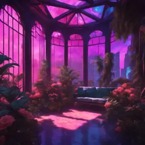 A beautiful render of city sunroom by georgia o'keeffe, galactic alien synthwave rainforest noir thermal imaging myst uv light, flowers, Highly Detailed, Cinematic Lighting, Neon, Concept Art