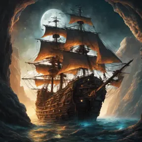 Pirate Ship, Intricate, Ultra Detailed, Symmetry, Beautiful, Sharp Focus, Astrophotography, Centered, Volumetric Lighting by Dan Mumford, Marc Simonetti