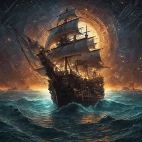 Pirate Ship, Intricate, Ultra Detailed, Symmetry, Beautiful, Sharp Focus, Astrophotography, Centered, Volumetric Lighting by Dan Mumford, Marc Simonetti