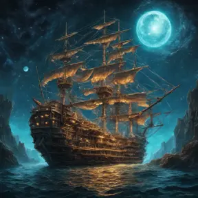 Pirate Ship, Intricate, Ultra Detailed, Symmetry, Beautiful, Sharp Focus, Astrophotography, Centered, Volumetric Lighting by Dan Mumford, Marc Simonetti