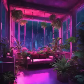 A beautiful render of city sunroom by georgia o'keeffe, galactic alien synthwave rainforest noir thermal imaging myst uv light, flowers, Highly Detailed, Cinematic Lighting, Neon, Concept Art