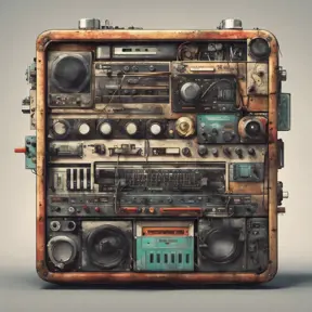 a bentobox that contains musical instruments including an 80's synthesizer at the bottom and effect pedals and tape cassette loopers, in the style of circuit bending, beat up, duct tape, screws, circuits, wires, dirty, broken, capacitors, cables, grunge, 8k, Highly Detailed, Vintage Illustration, Sharp Focus, Smooth, Octane Render