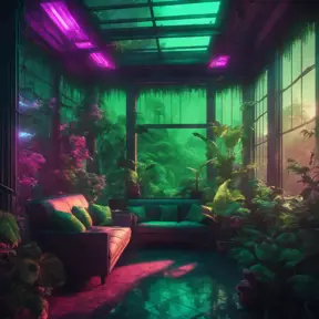 A beautiful render of a green city sunroom, galactic alien synthwave rainforest noir thermal imaging myst uv light, flowers, Highly Detailed, Cinematic Lighting, Neon, Concept Art