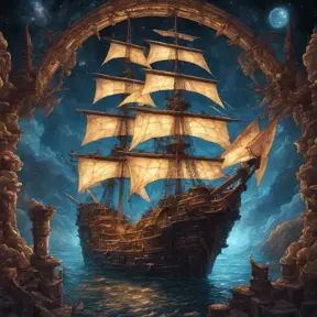Pirate Ship, Intricate, Ultra Detailed, Symmetry, Beautiful, Sharp Focus, Astrophotography, Centered, Volumetric Lighting by Dan Mumford, Marc Simonetti