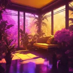 A beautiful render of a yellow city sunroom, galactic alien synthwave rainforest noir thermal imaging myst uv light, flowers, Highly Detailed, Cinematic Lighting, Neon, Concept Art