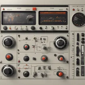 Soviet control panel for space craft designed by Dieter Rams, 8k, Highly Detailed, Vintage Illustration, Sharp Focus, Smooth, Octane Render