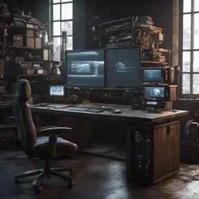 A dark industrial wood desk with many monitors, Photo Realistic, Volumetric light effect, Octane Render, Unreal Engine, Ambient Occlusion, Maximalism, Industrial