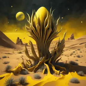 Create a surreal desert with alien plants, the plants are shaped like canary_yellow_perlwhite,are partially transparent with tentacles and spines, in the sand laying pearls,  backdrop is the storm of cosmic dust and cosmic clouds the heaven is dark colored unreal engine 6 color palette knives painting oel on canvas conzeptart , high qualty, cinema_stil, wide shot, Vibrant Colors