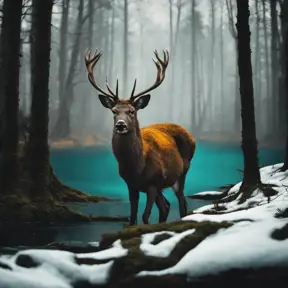 A deer among the trees, forest lake, moss, cold weather, dark teal and amber, Minimalism, Cinematic Lighting