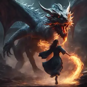 Beautiful sorceress girl running away from dragon, Gothic and Fantasy, Stunning, Digital Painting, Cinematic Lighting, Sharp Focus