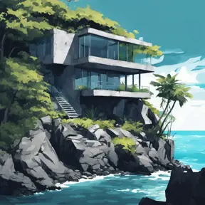 Grey concrete structure on a cliff, coastal view, contemporary, high contrast, cell shading, strong shadows, vivid hues, azure ocean, lush vegetation, tropical, Contemporary, Digital Painting, Anime, Cozy