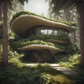 Beautiful futuristic organic house made from imaginary plants in a forest, 8k, Award-Winning, Highly Detailed, Beautiful, Epic, Octane Render, Unreal Engine, Radiant, Volumetric Lighting by Greg Rutkowski