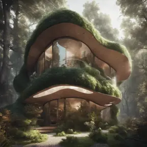 Beautiful futuristic organic house made from imaginary plants in a forest, 8k, Award-Winning, Highly Detailed, Beautiful, Epic, Octane Render, Unreal Engine, Radiant, Volumetric Lighting by WLOP