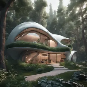 Beautiful futuristic organic house made from imaginary plants in a forest, 8k, Award-Winning, Highly Detailed, Beautiful, Epic, Octane Render, Unreal Engine, Radiant, Volumetric Lighting by WLOP