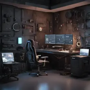 A dark industrial desk from the future with many monitors, Photo Realistic, Volumetric light effect, Octane Render, Unreal Engine, Ambient Occlusion, Maximalism, Industrial by WLOP