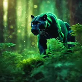 Panther in a green magical forest, Highly Detailed, Bokeh effect, Sharp Focus, Volumetric Lighting, Fantasy by Stefan Kostic