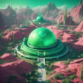 Cosmic round beautiful green temple in the center of a futuristic community. Extraterrestrial landscape. Planet sirius. The moon and stars can be seen in the sky even during the day., Sci-Fi, Volumetric Lighting, Vibrant Colors by Beeple