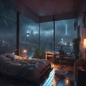 Beautiful cozy bedroom with floor to ceiling glass windows overlooking a cyberpunk city at night, thunderstorm outside with torrential rain, High Resolution, Highly Detailed, Darkwave, Gloomy by Stefan Kostic