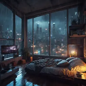 Beautiful cozy bedroom with floor to ceiling glass windows overlooking a cyberpunk city at night, thunderstorm outside with torrential rain, High Resolution, Highly Detailed, Darkwave, Gloomy by Stefan Kostic